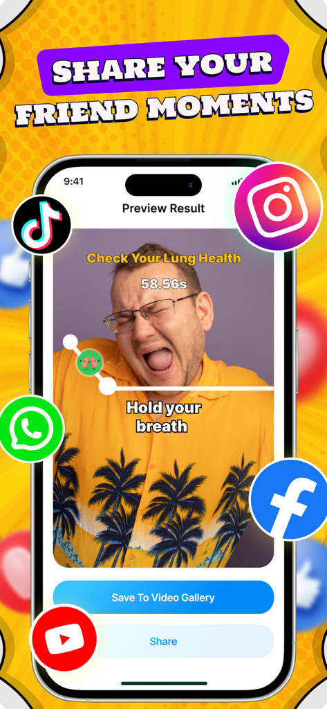 Falling Filter: Challenge - Mobile app interface showing the lung health filter with social media icons for sharing results