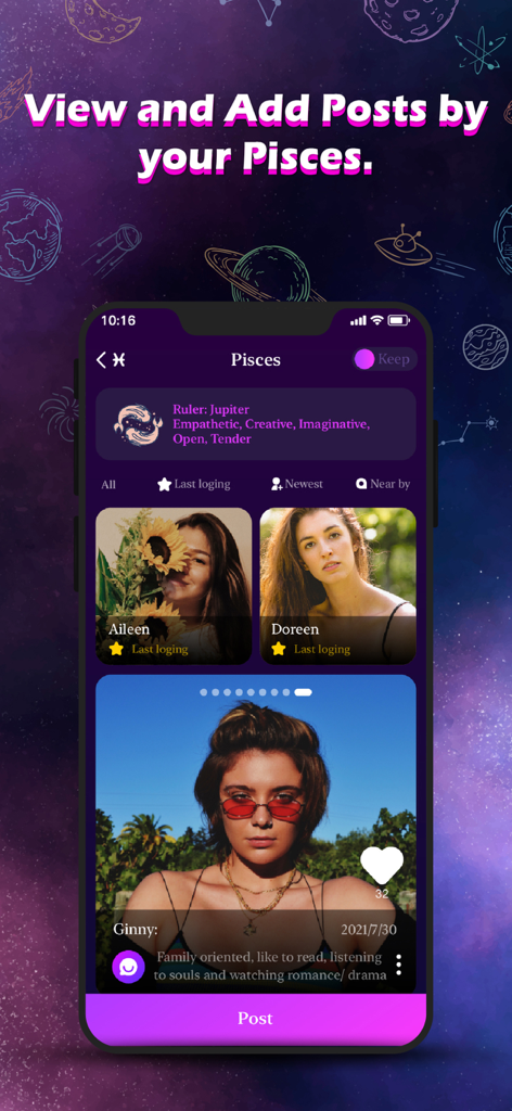 Adult Friend, AFF Finder Sweet - A mobile interface for the Sweet app showing user profiles and social posts categorized by the Pisces zodiac sign.
