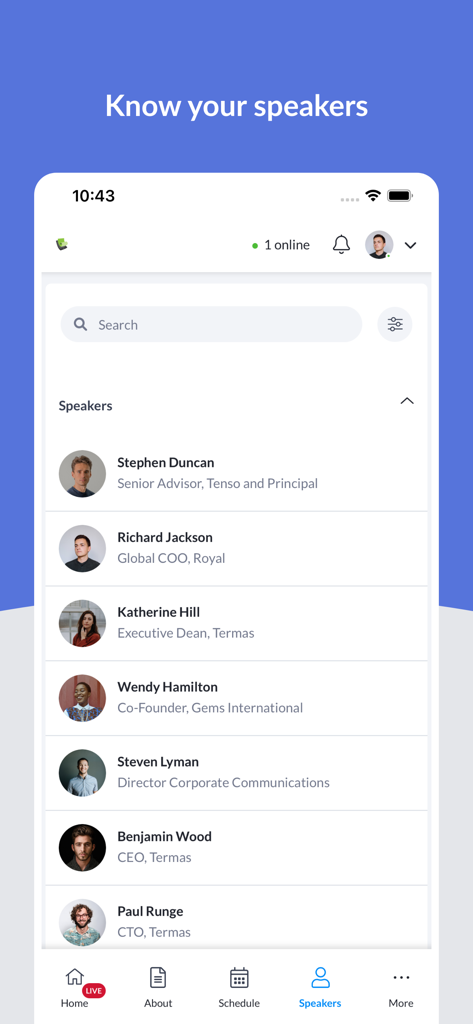 Micepad - Micepad app interface showing a list of event speakers with their photos names and professional titles