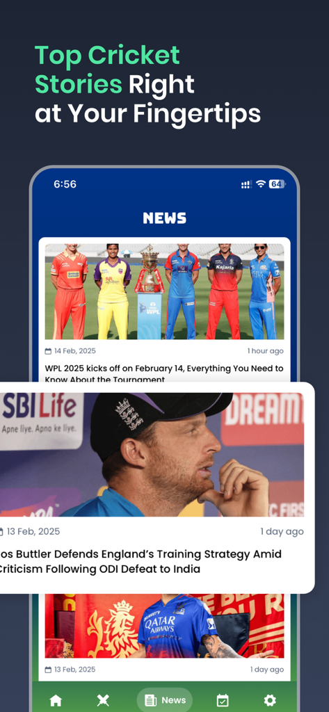 Cricket Fast Live Line - Cricket app news feed showing top cricket stories and headlines about WPL 2025 and international players