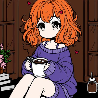 cute anime girl reading book and drinking hot chocolate from mug with loose wavy hair wearing a baggy sweatshirt and shorts sitting by windowsill looking out