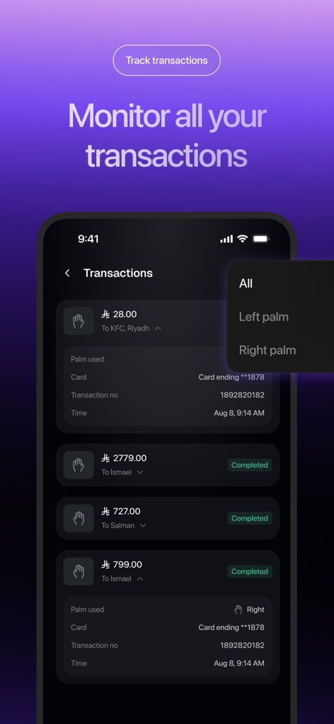 Link Wallet App - Tela de monitoramento de transações do Link Wallet App mostrando detalhes de pagamento biométrico de palma