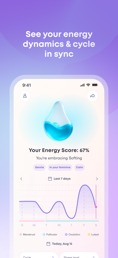 Interfaz de la aplicación Soula que muestra la puntuación de energía y el gráfico de seguimiento de la fase del ciclo menstrual