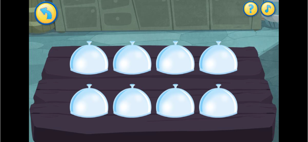 Kangi Club - English For Kids! - Un juego de memoria para niños con ocho cubiertas de comida azules sobre una mesa de madera