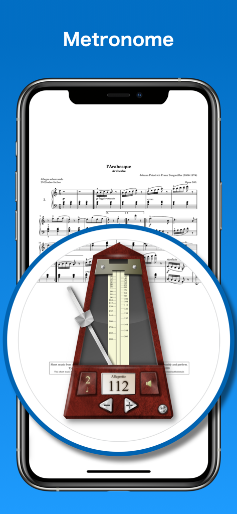 Herramienta de metrónomo digital superpuesta en una partitura dentro de la app Piascore