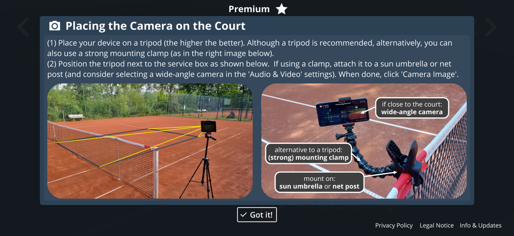 Tennis Serve Speed Tracker - Instructional screen showing how to position a tripod or mounting clamp on a tennis court for serve tracking