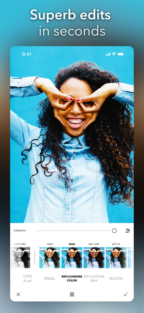 PicTapGo app interface showing photo filters and editing tools applied to a portrait of a smiling woman.