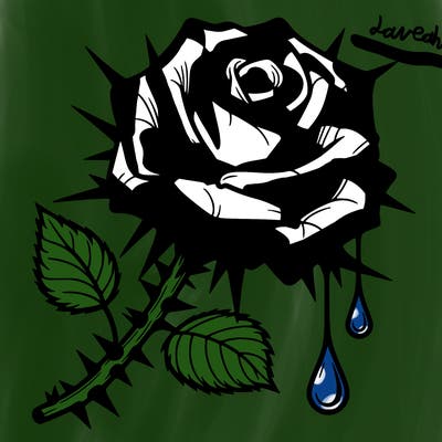 one single blooming rose with thorns dripping rain drop