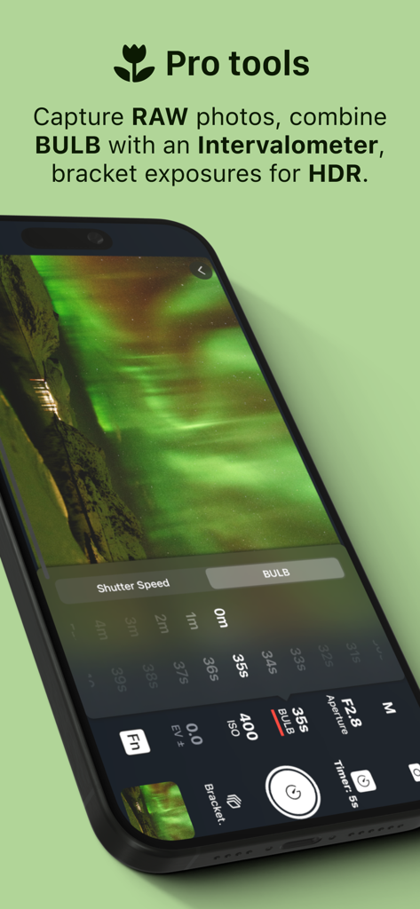 Shutter app interface showing professional long exposure and BULB mode controls for Canon cameras.