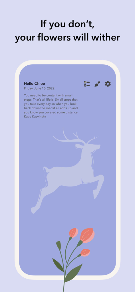 Minimalistische violette Benutzeroberfläche der Eden Selbstpflege-App mit einer Hirsch-Illustration und einem Motivationszitat