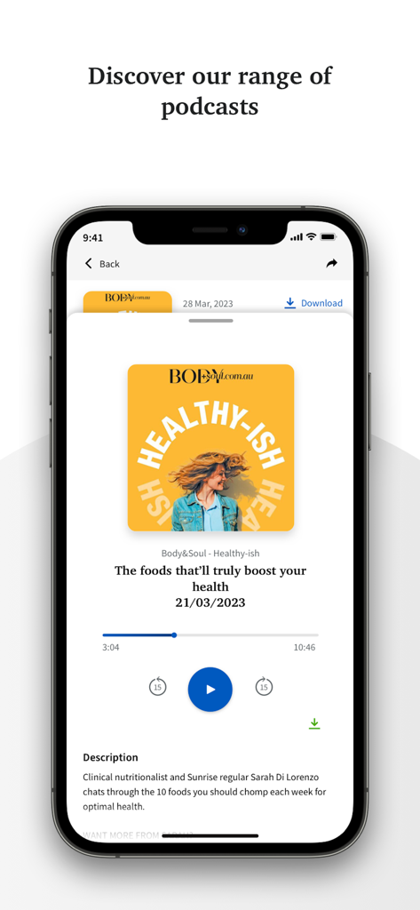The Chronicle - Interfaz del reproductor de podcasts de la aplicación móvil The Chronicle que muestra un episodio sobre un estilo de vida saludableish.