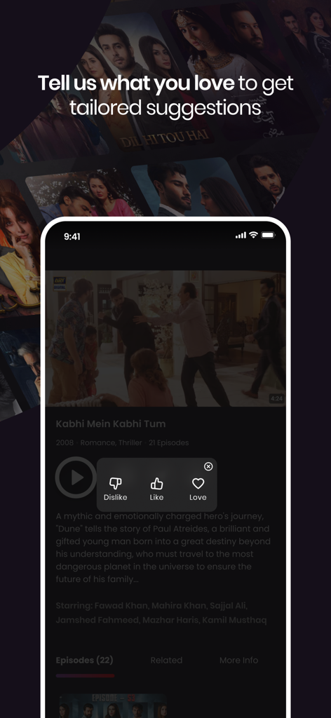 Smartphone displaying the ARY ZAP app interface for personalized drama suggestions and content ratings