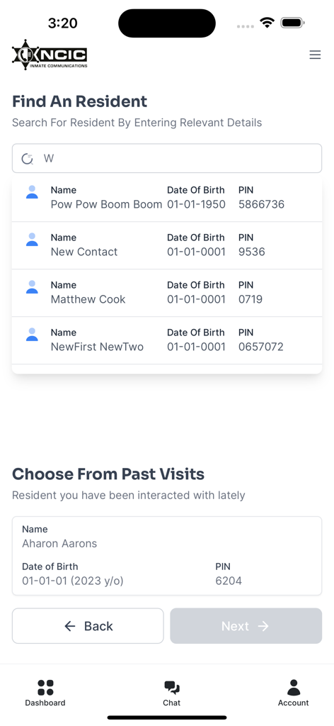 Resident search screen in the NCIC Mobile Video Visitation app