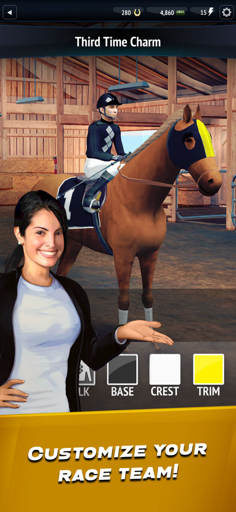 Customization menu for horse and jockey racing gear in a 3D stable environment