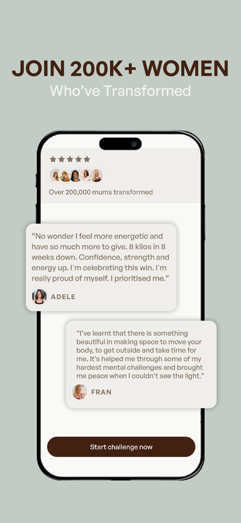 Mobile app screen showing reviews and testimonials from women who used the Transform by Fitaz program