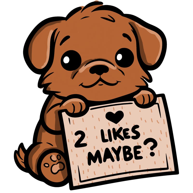 a puppy holding a sign that says 2 likes maybe?