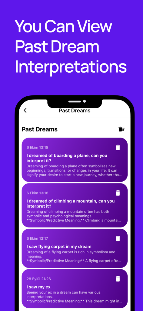Somnio AI - Dream Analyzer - A list of past dream interpretations and recorded dream history in the Somnio AI app interface