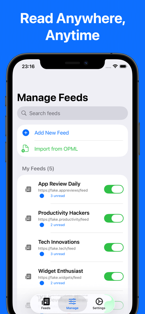 Tela de gerenciamento de feeds de notícias no aplicativo News Widget mostrando uma lista de fontes RSS e opções de importação.