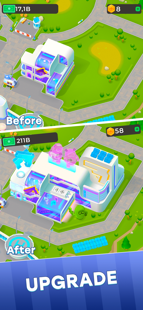 Diamond City: Idle Tycoon - Vorher-Nachher-Vergleich eines futuristischen Gebäudes-Upgrades in Diamond City Idle Tycoon