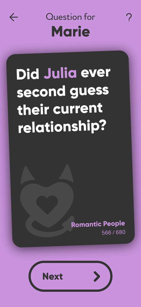 A romantic relationship question card from the How Well Do You Know Me party game app