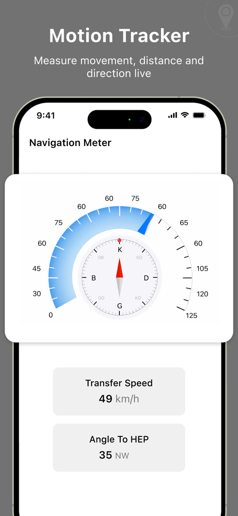 Smartphone display showing a navigation meter with speed and direction data