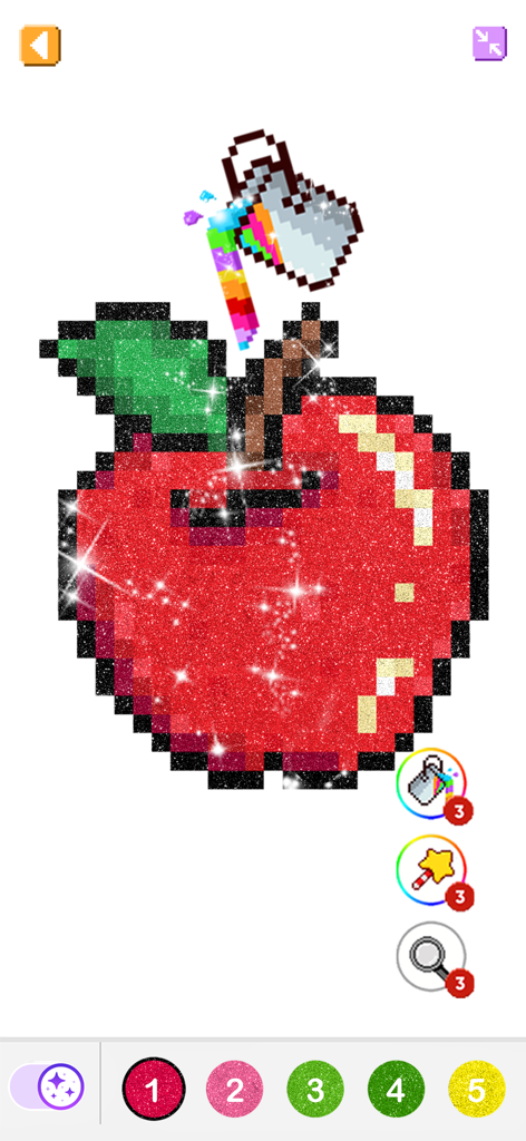 Pixel By Number® - Pixel Art - Red glittery apple pixel art being colored in the Pixel By Number app