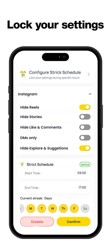 BackToLife Feed - Interface do aplicativo BackToLife para configurar filtros do Instagram e um horário diário rigoroso.