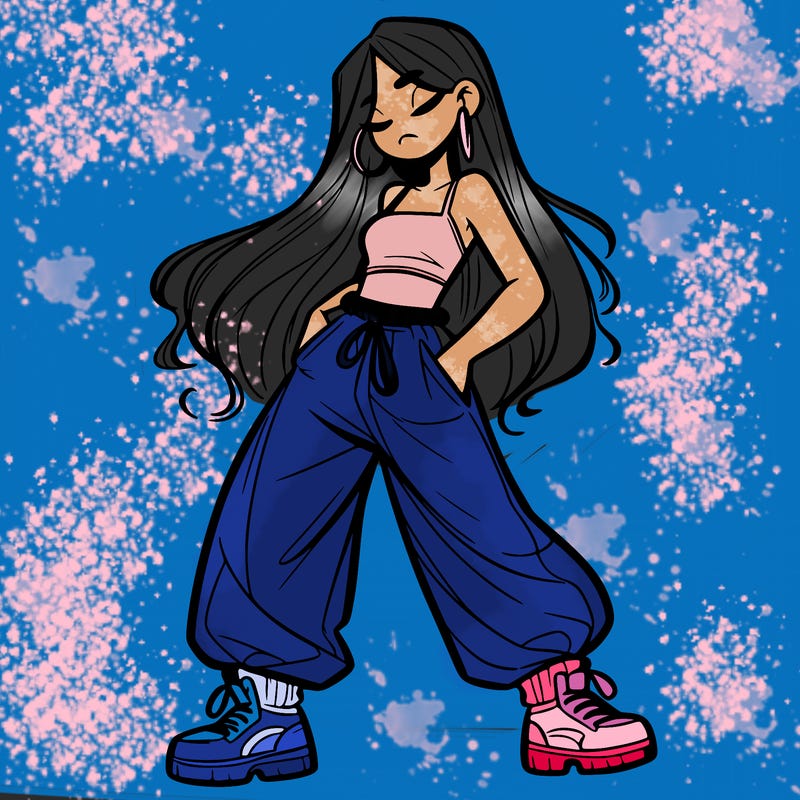 girl in baggy pants crop top and long hair