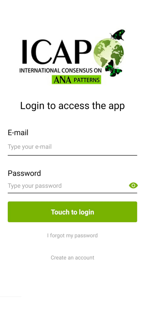 Pantalla de inicio de sesión de la aplicación ICAP International Consensus on ANA Patterns