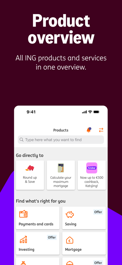 Pantalla de resumen de productos en la aplicación de banca ING Países Bajos que muestra varios servicios financieros