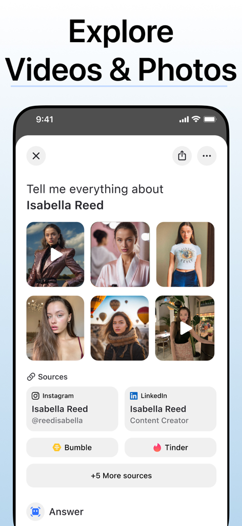 Deepsearch AI app interface showing search results with photos and linked social media profiles like Instagram LinkedIn Bumble and Tinder