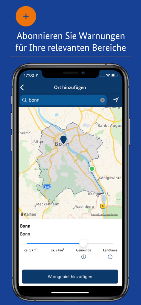 Smartphone-Bildschirm, der die Kartenoberfläche der NINA-App zum Hinzufügen eines Standorts für Notfallwarnungen anzeigt