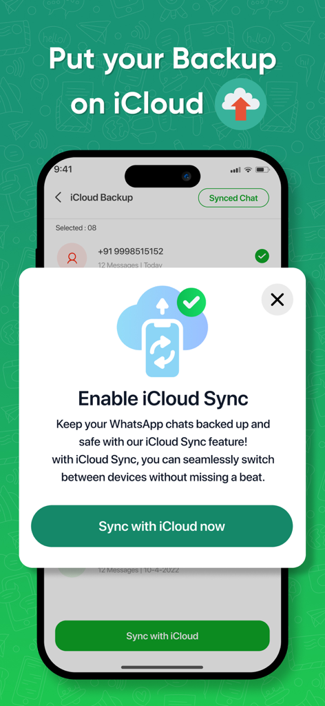 Backup my Chats & Photos - Ventana emergente Habilitar sincronización de iCloud en la aplicación Copia de seguridad de mis chats y fotos