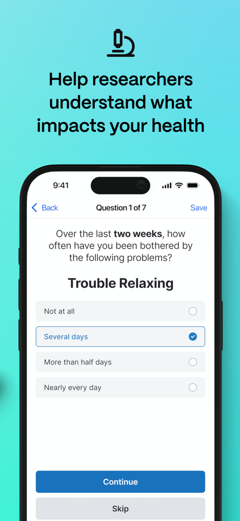 MyDataHelps - A health research survey screen in MyDataHelps asking about trouble relaxing.