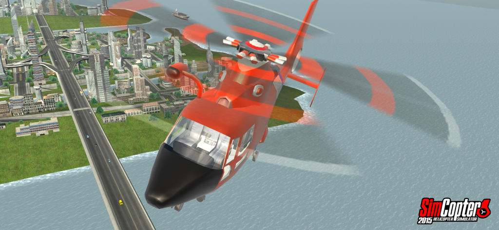Helicopter Simulator 2015 - Un helicóptero de rescate rojo y blanco volando sobre un puente de una ciudad costera en Helicopter Simulator 2015
