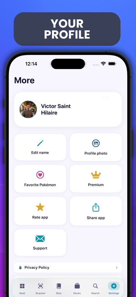 Poke TCG Vault - Card Value - Pantalla de perfil de usuario y configuración en la aplicación Poke TCG Vault