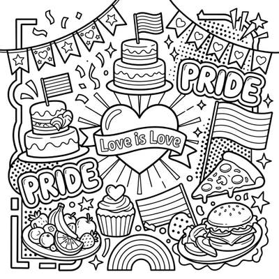 Dive into a delicious celebration of diversity with this vibrant Pop Art Food & Pride coloring page. Featuring festive treats and symbols of love, it's perfect for artists of all ages to express their creativity.