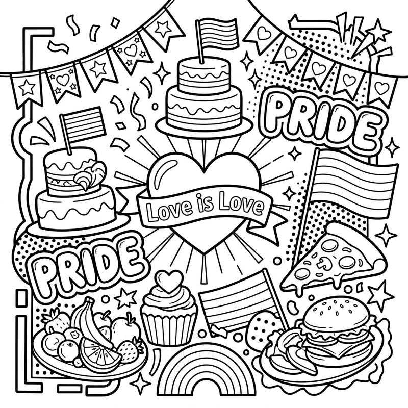Dive into a delicious celebration of diversity with this vibrant Pop Art Food & Pride coloring page. Featuring festive treats and symbols of love, it's perfect for artists of all ages to express their creativity.