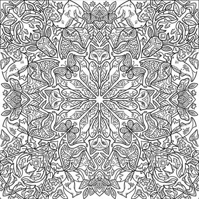Explore a stunning kaleidoscope of animals with this intricate coloring page designed for teens. Symmetrical patterns featuring foxes, owls, and butterflies offer a deeply engaging artistic challenge.