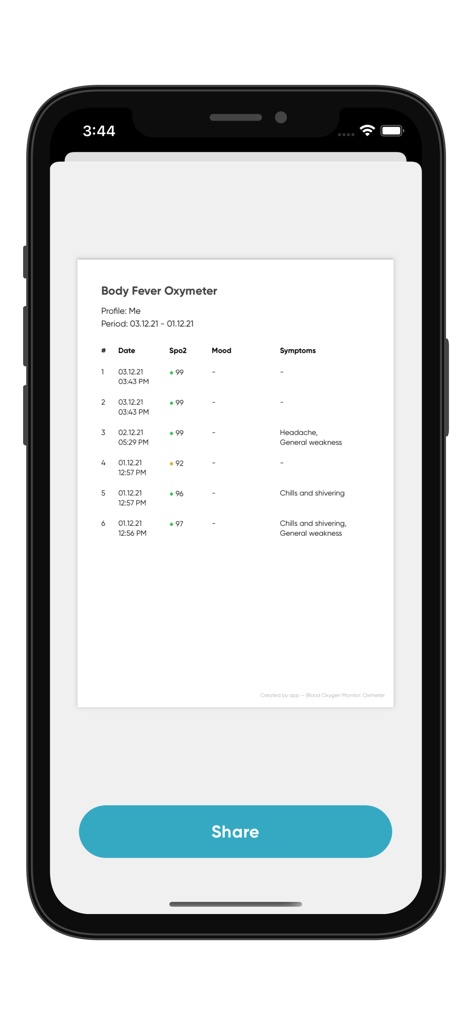 A digital log showing a list of blood oxygen readings with dates and associated symptoms ready for sharing.