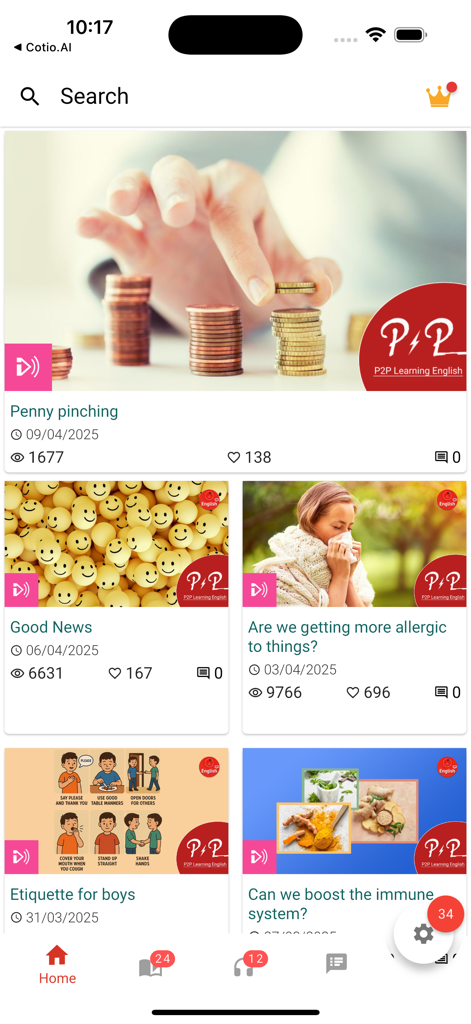 Learn English Listening: 6mins - Home screen of the Learn English Listening app showing various six minute audio and video lessons for non native speakers