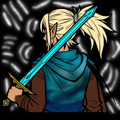 a guy with pointy ears long hair in a sort short ponytail and a sword on his back