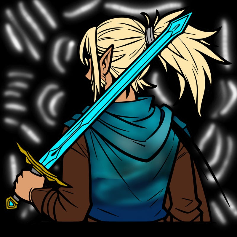 a guy with pointy ears long hair in a sort short ponytail and a sword on his back