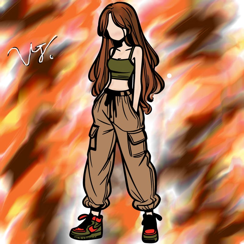 girl in baggy pants crop top and long hair