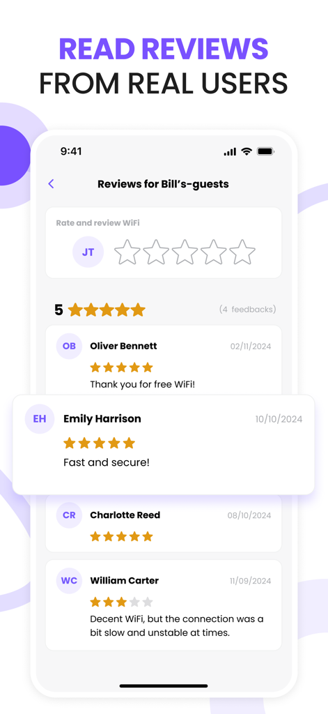 Screenshot of the Purple app showing user reviews and star ratings for a specific WiFi hotspot