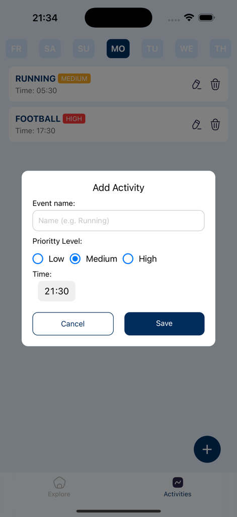 GoGreate Sport - Interface of GoGreate Sport app showing the pop-up to add a new sports activity with event name priority level and time