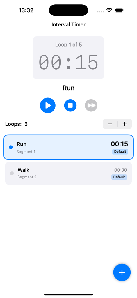 HIIT & Run Interval Timer - A minimalist workout timer app screen showing run and walk intervals