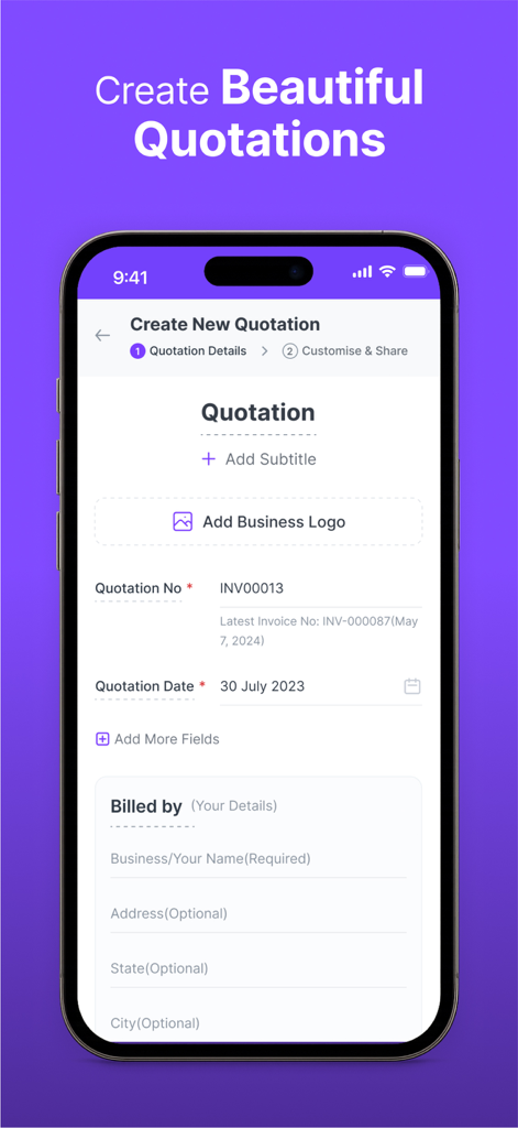 Refrens Invoice maker Bill App - Mobile app interface of Refrens Invoice Maker showing the create new quotation screen with fields for business details and invoice numbers.
