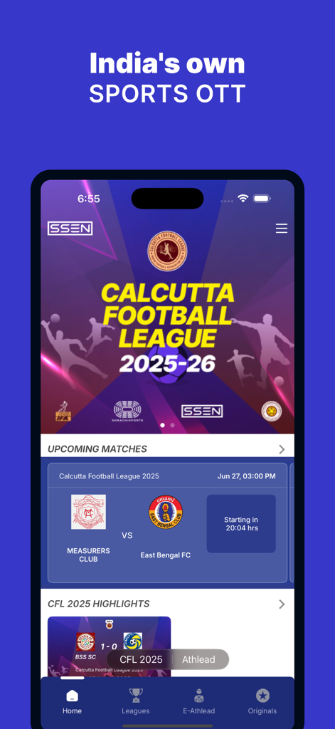 SSEN - Écran d'accueil de l'application de streaming sportif SSEN présentant les matchs et les meilleurs moments de la Calcutta Football League
