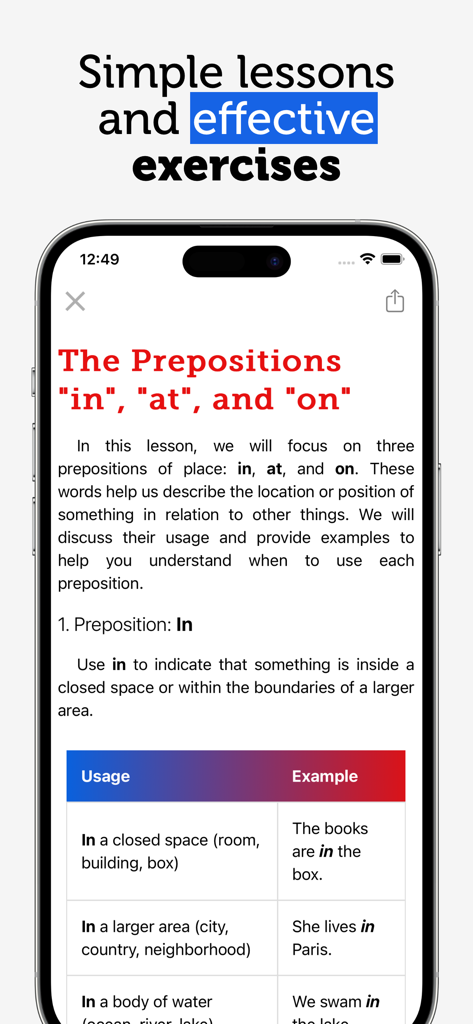 English grammar lesson on prepositions in at and on with usage examples